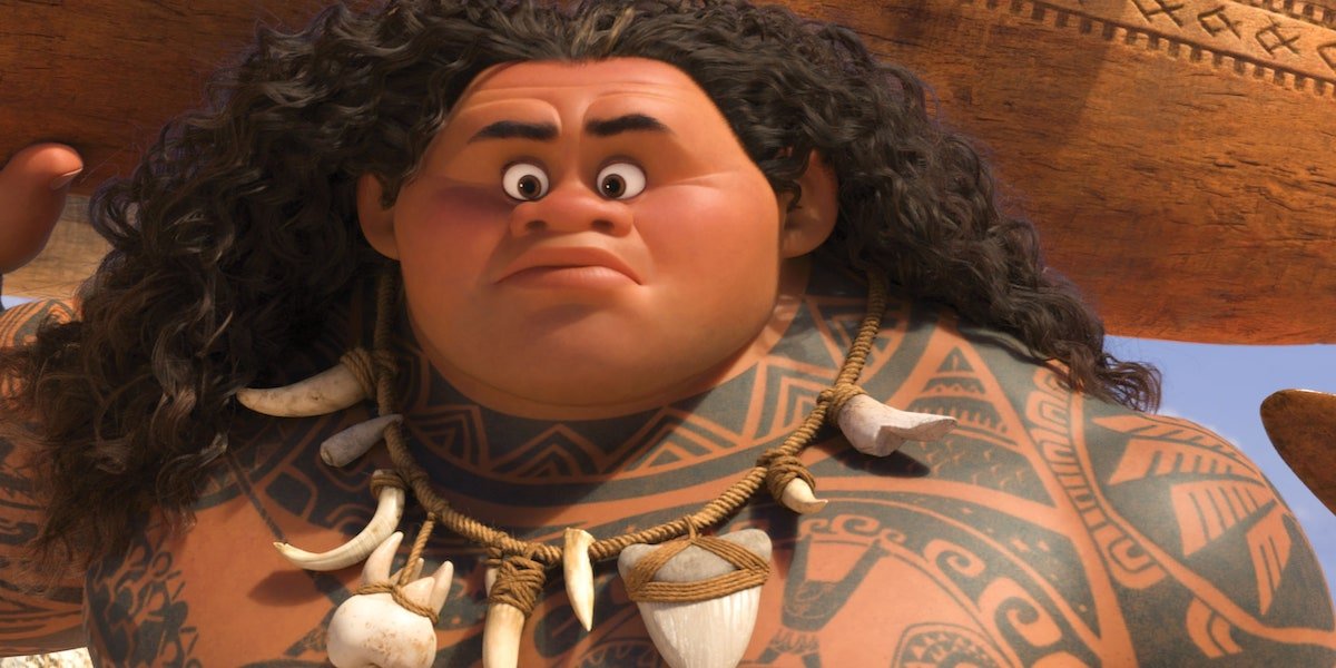 Maui (Dwayne Johnson) looks surprised as he holds his surf board in &#039;Moana&#039;