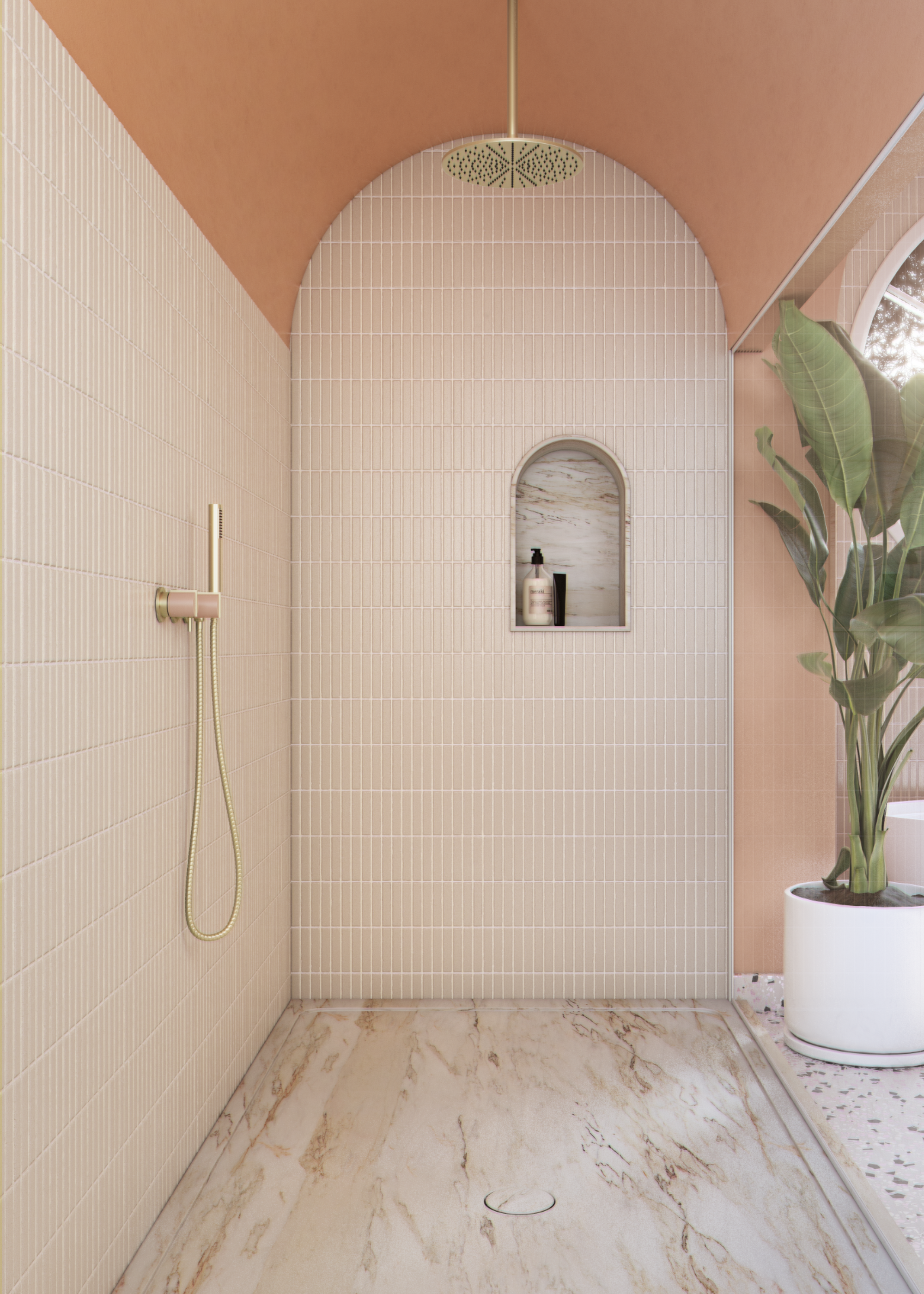 a tiled arched bathroom with a ceiling mounted brass shower head and a wall mounted handheld shower head as well