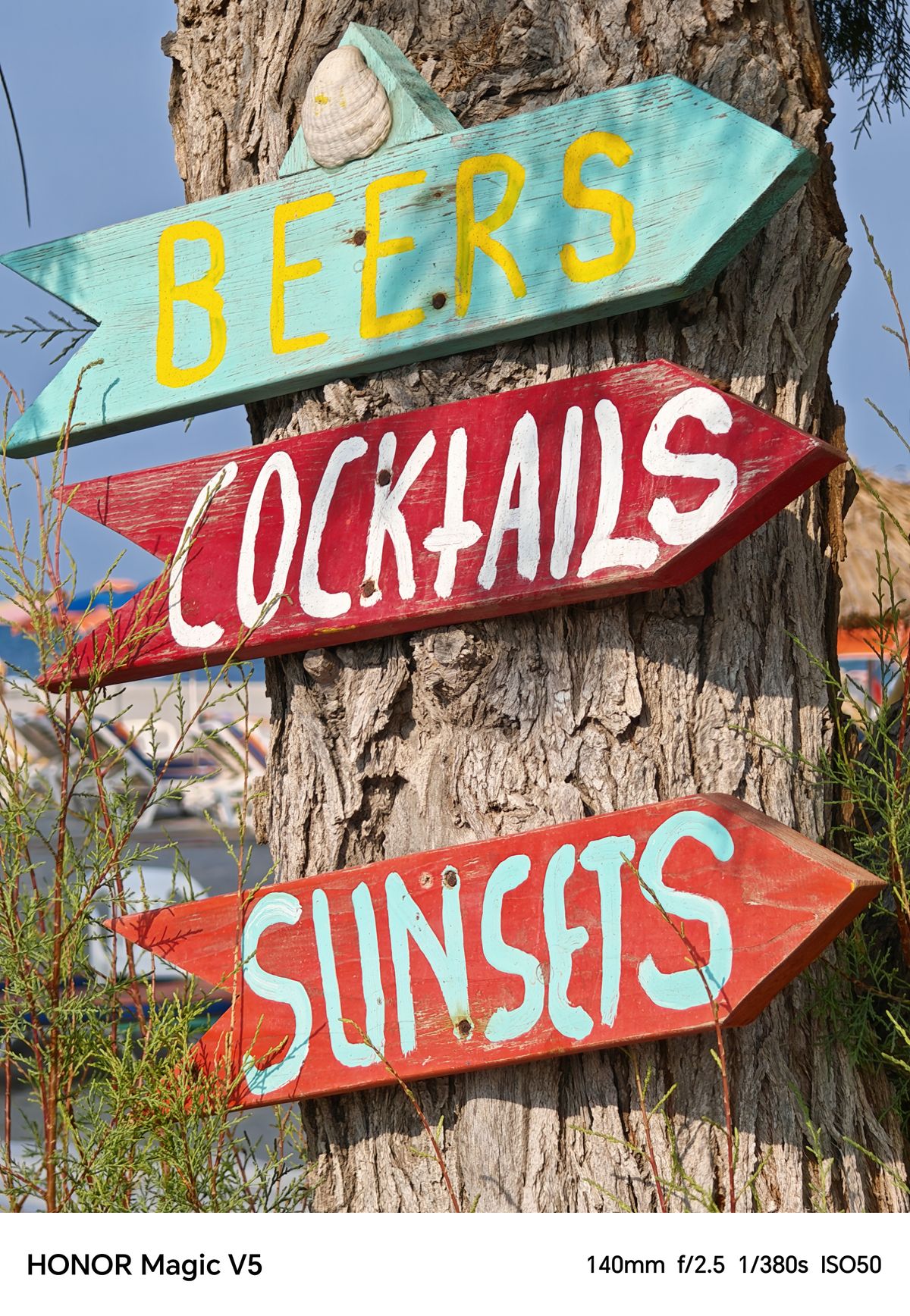 Three arrow signs reading beers, cocktails, sunsets