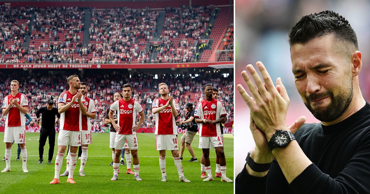 Steven Berghuis of Ajax, Dies Janse of Ajax, Jordan Henderson of Ajax, Josip Sutalo of Ajax, Lucas Rosa of Ajax, Davy Klaassen of Ajax, Jorrel Hato of Ajax disappointed after the match and reaching the second place during the Dutch Eredivisie match between Ajax v Fc Twente at the Johan Cruijff Arena on May 18, 2025 in Amsterdam Netherlands. Coach of Ajax Francesco Farioli after the Dutch Eredivisie match between Ajax Amsterdam and FC Twente at the Johan Cruijff ArenA on May 18, 2025 in Amsterdam, Netherlands