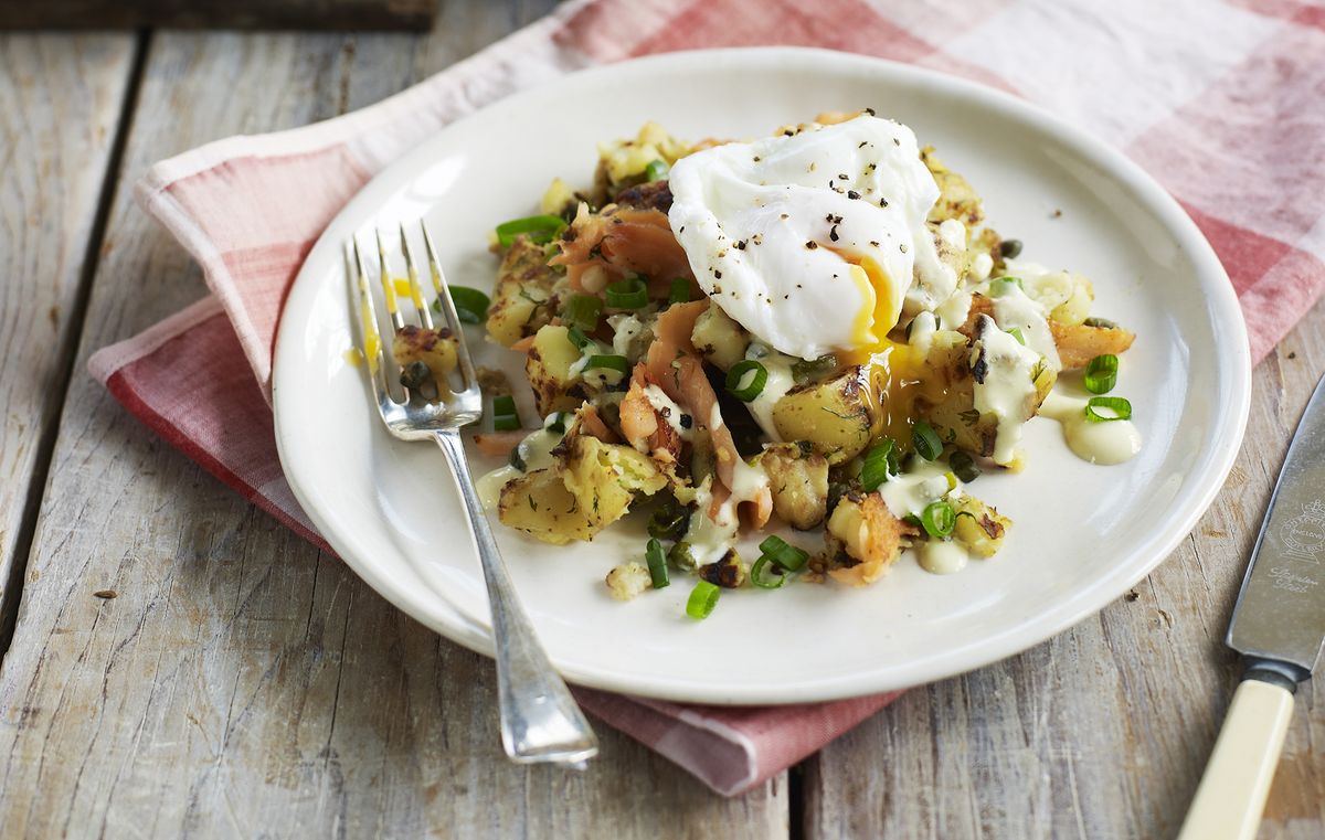 Salmon hash with a poached egg American Recipes GoodtoKnow