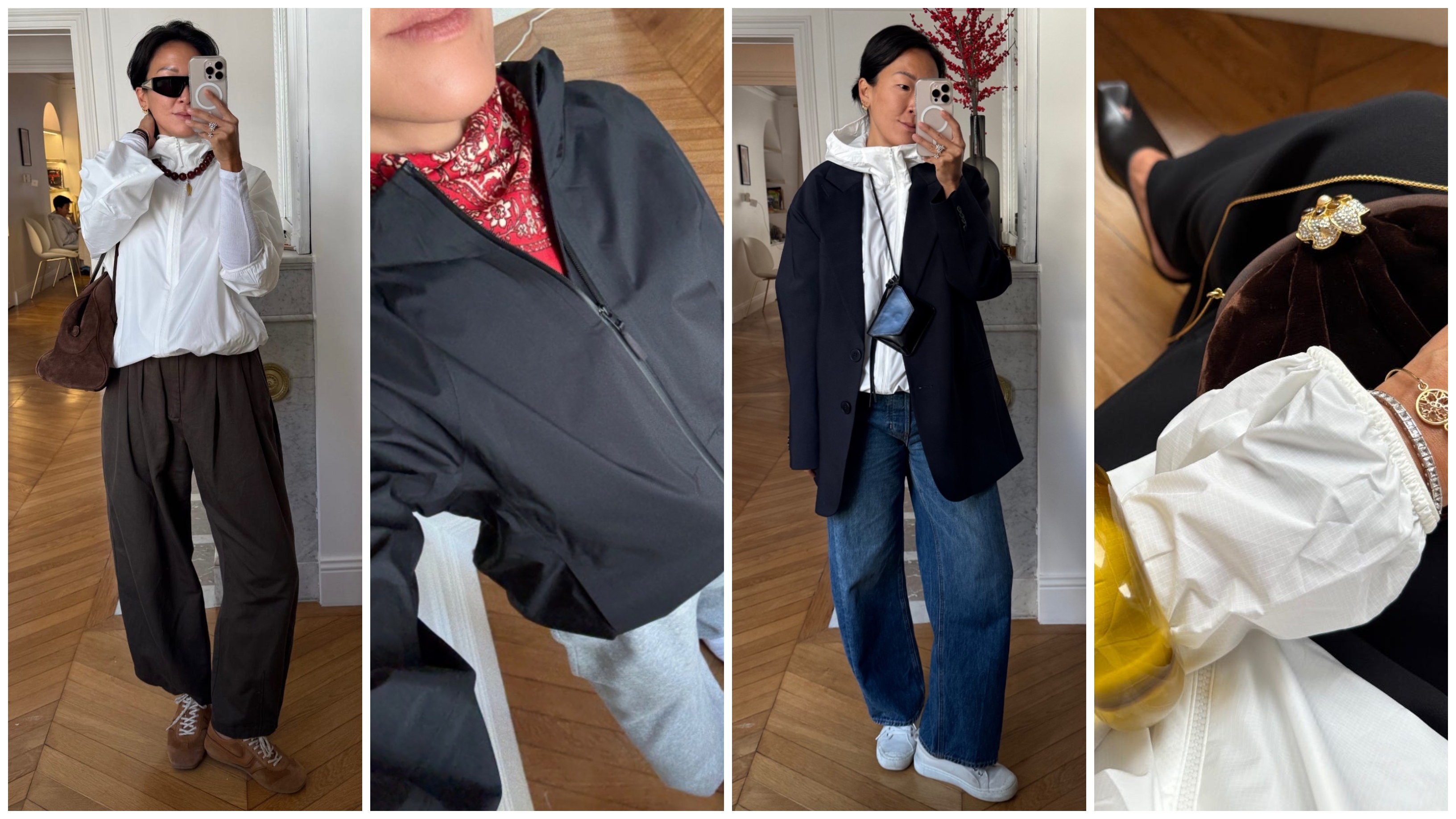Irene Kim Fritz wearing a windbreaker and pants; Irene Kim Fritz wearing a windbreaker and joggers; Irene Kim Fritz wearing a windbreaker and jeans; Irene Kim Fritz wearing a windbreaker and jewelry