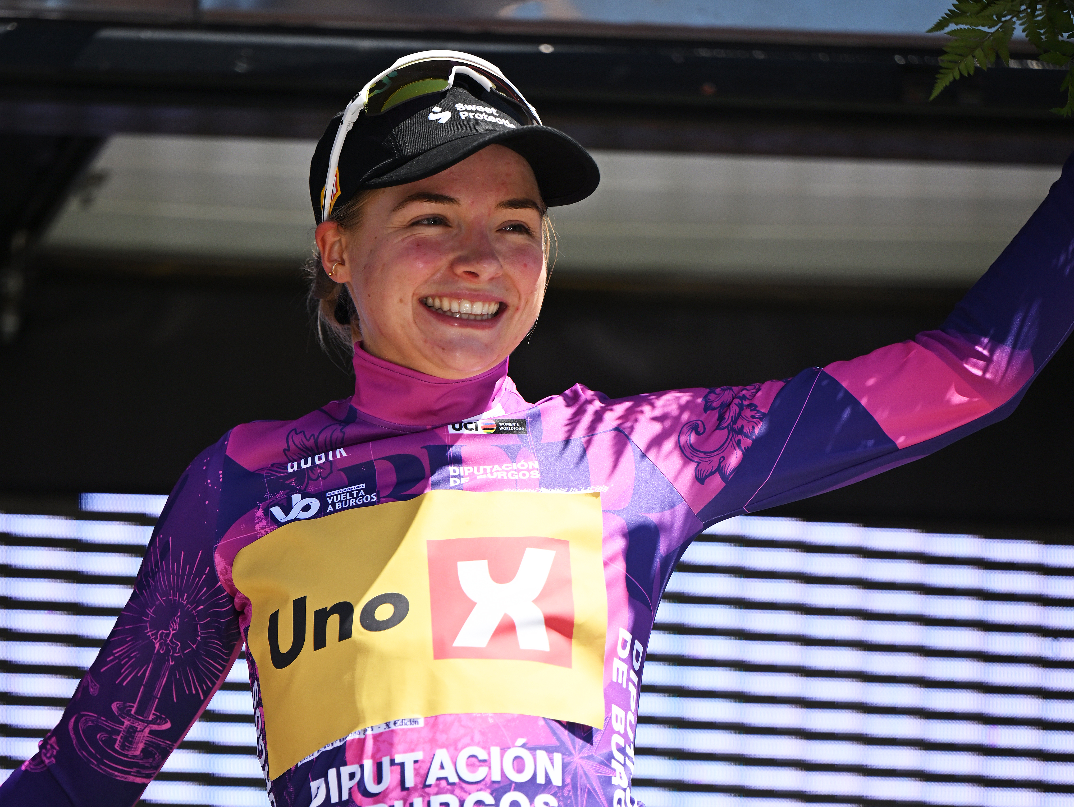 ROA DE DUERO, SPAIN - MAY 23: Mie Bjorndal Ottestad of Norway and Team Uno-X Mobility celebrates at podium as Purple Leader Jersey winner during the 10th Vuelta a Burgos Feminas 2025, Stage 2 a 122km stage from Villalba de Duero to Roa de Duero / #UCIWWT / on May 23, 2025 in Roa de Duero, Spain. (Photo by Szymon Gruchalski/Getty Images)