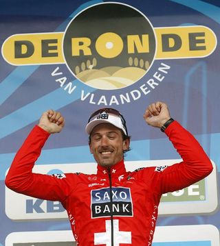Fabian Cancellara celebrates on the podium.