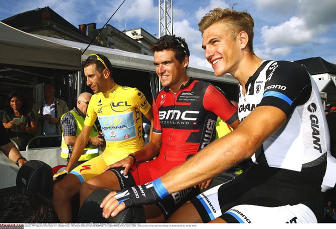 Vincenzo Nibali, Greg Van Avermaet and Marcel Kittel get the lap of honour in Aalst