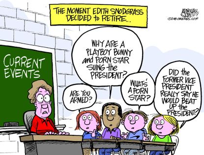 Political cartoon U.S. Trump arming teachers school Stormy Daniels Joe Biden
