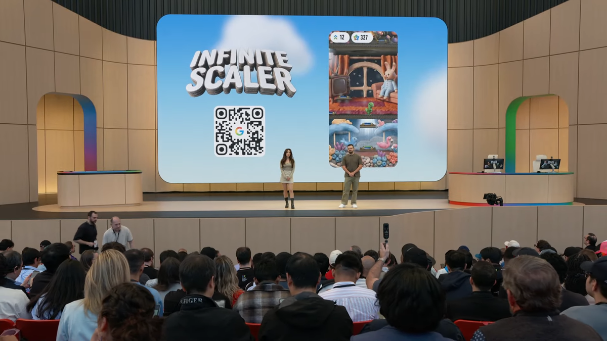 A series of screenshot from the Google I/O 2026 livestream showing the hosts playing the game Infinite Scaler