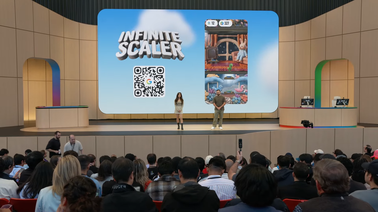 A series of screenshot from the Google I/O 2026 livestream showing the hosts playing the game Infinite Scaler