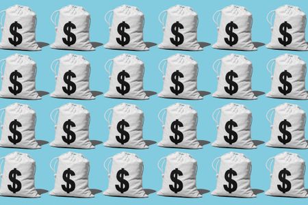 some money bags arranged on different lines on a blue background forming a pattern