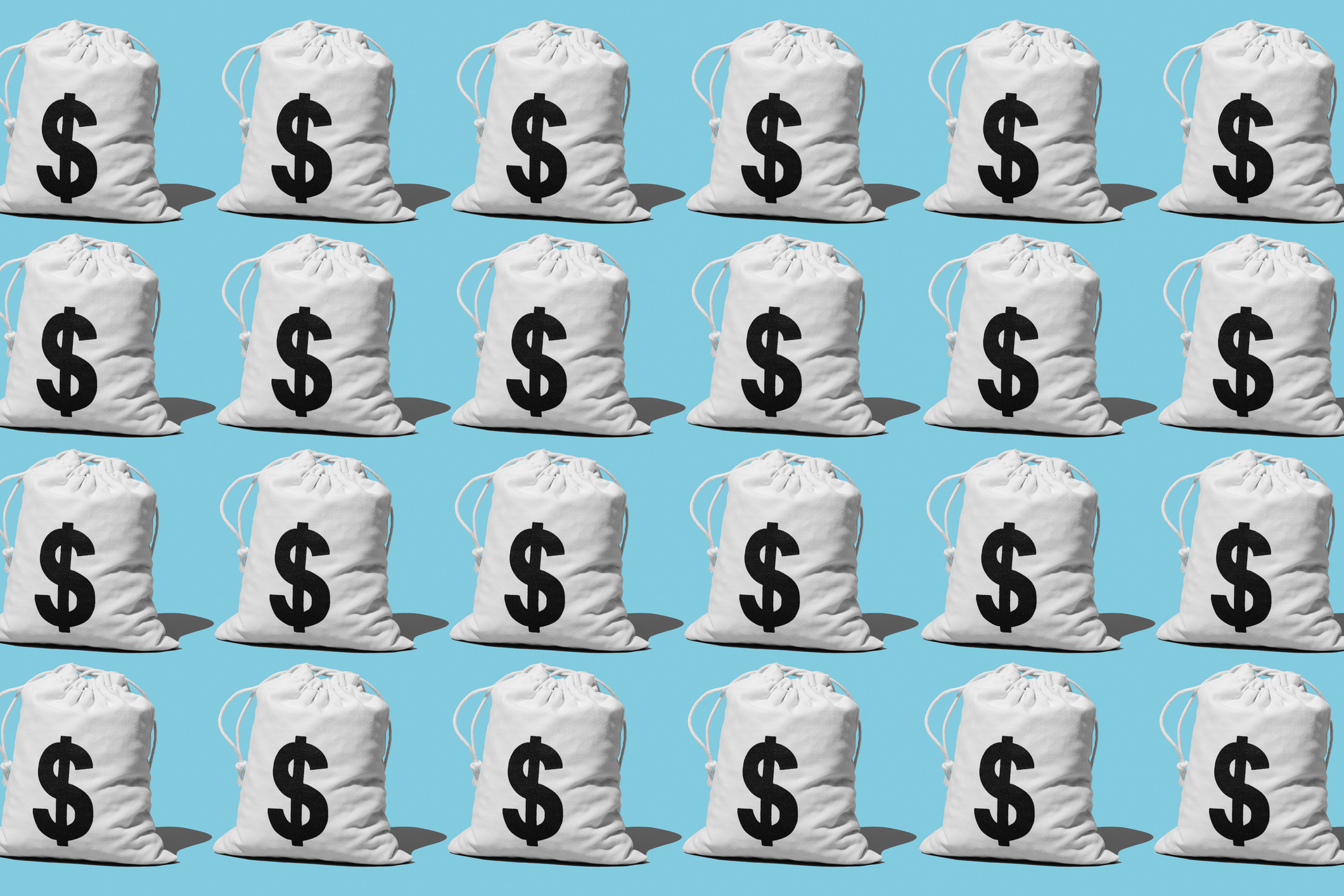 some money bags arranged on different lines on a blue background forming a pattern