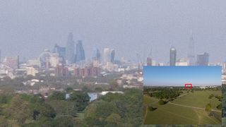 Close-up detail from 48-megapixel original (inset). From Richmond Park Flying Field looking toward central London