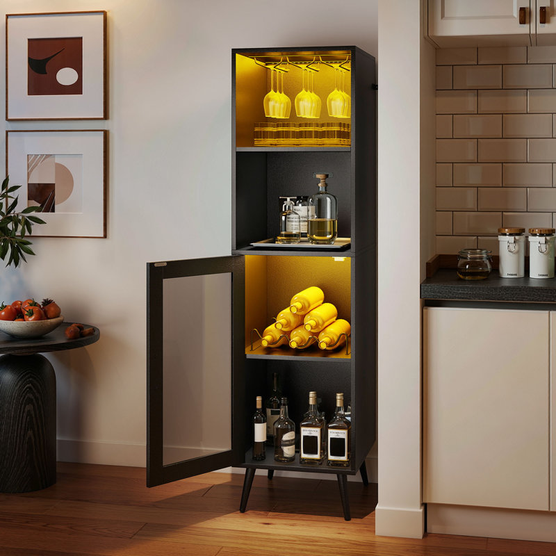 Williston Forge Bar Cabinet With Adjustable Led Lights &amp;amp; Wine Rack &amp;amp; Acrylic Door,40w*40d*148h Cm,black | Wayfair.co.uk