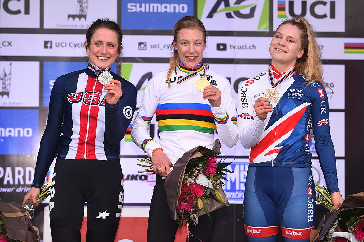 Winner Annemarie Worst, runner-up Ellen Noble and third-placed Evie Richards on the U23 women's podium at cyclo-cross Worlds