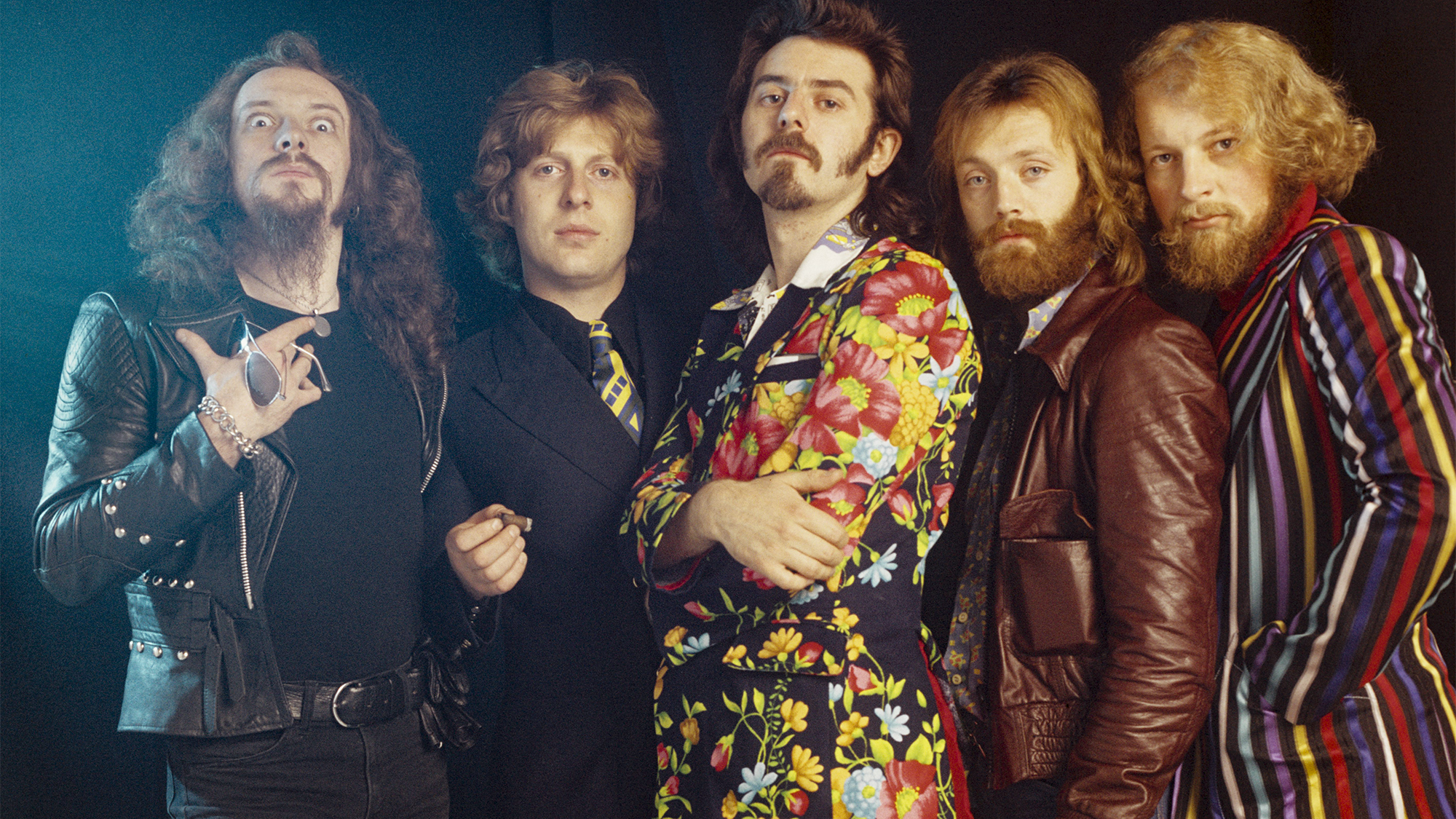 Jethro Tull posed in Amsterdam, Netherlands in 1972. Left to right: Ian Anderson, Barriemore Barlow (Barrie Barlow), Jeffrey Hammond, John Evan, Martin Barre.