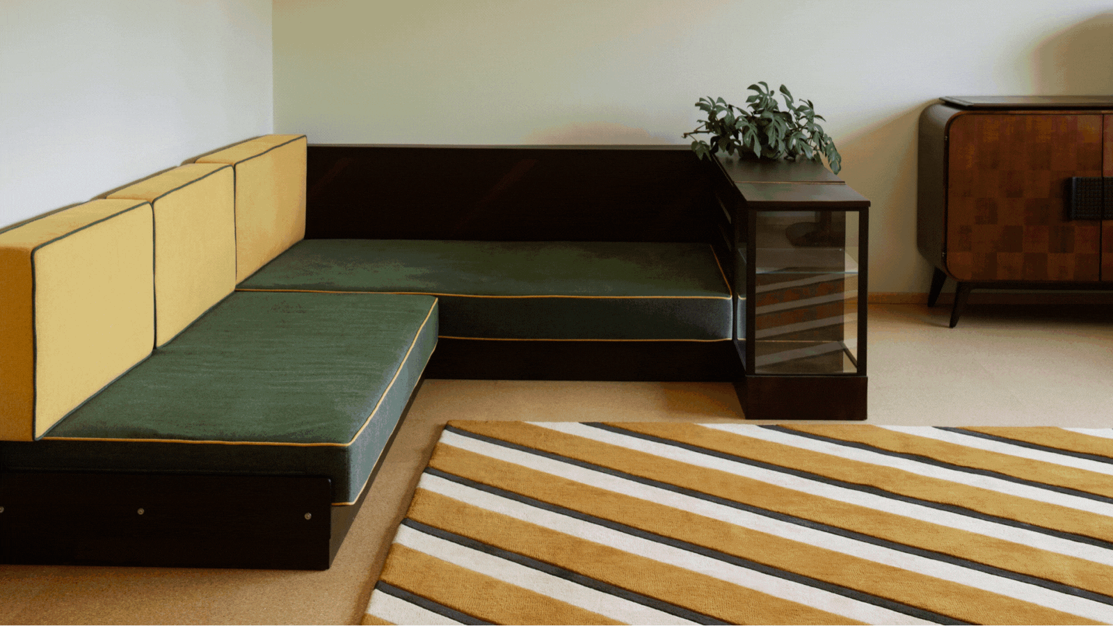 GIF of different interior images. There are rooms showcasing new rugs, a metal chair with a throw on it, and a room with a Christmas tree.