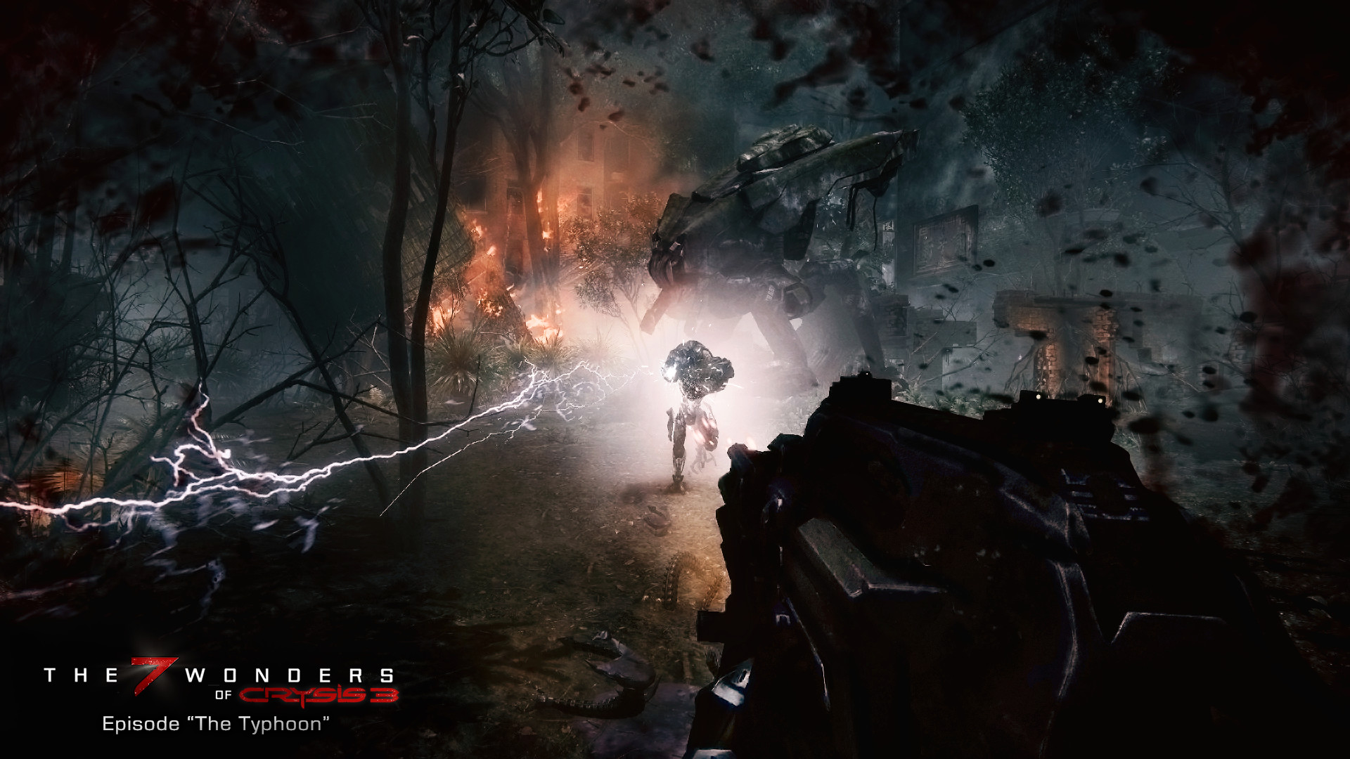 Screenshot of Crysis 3 video game during a firefight