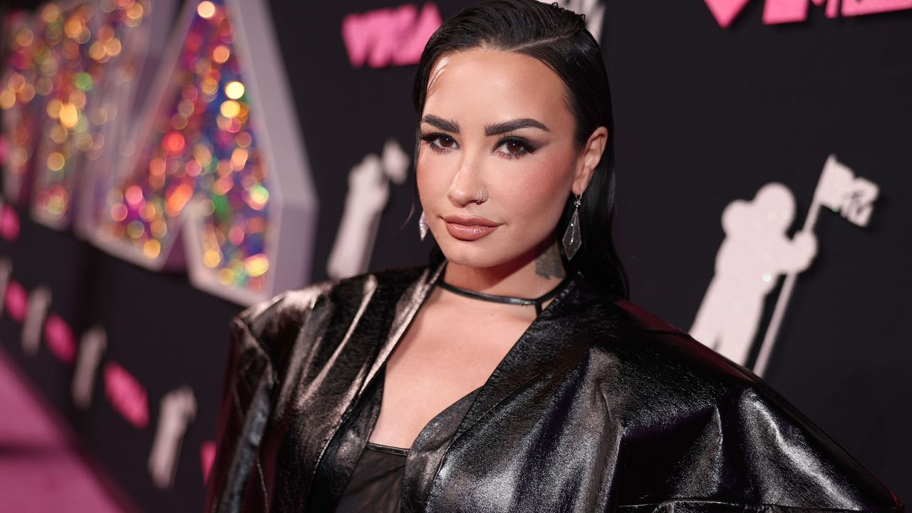 Demi Lovato&#039;s bathroom has got us swooning. Here is a picture of the singer wearing a black jacket, against a blue and pink background