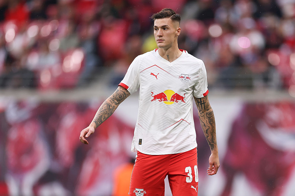 Arsenal target Benjamin Sesko of RB Leipzig looks on during the Bundesliga match between RB Leipzig and VfB Stuttgart at Red Bull Arena on May 17, 2025 in Leipzig, Germany. 
