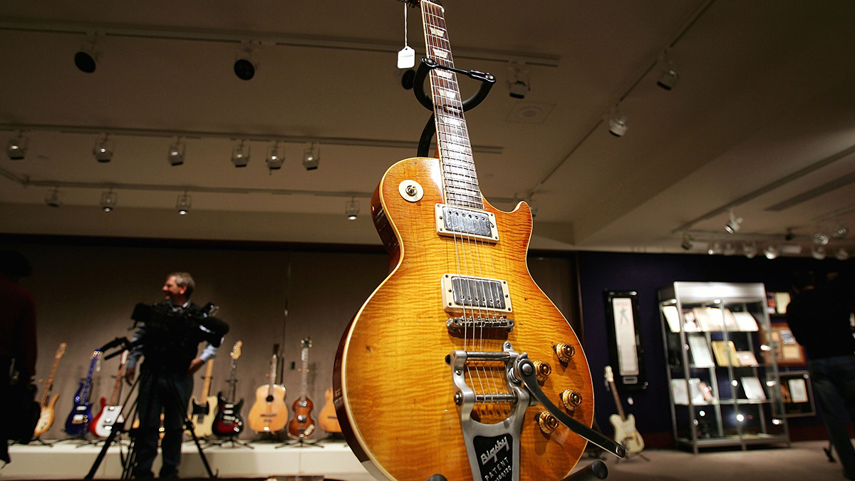 A guitar, once owned and used by Keith Richards of the Rolling Stones, stands on display at Christie's December 10, 2004 in New York City. Christie's, in a partnership with Julien's, will hold a Rock & Roll and Entertainment Memorabilia auction Friday, December 17, 2004