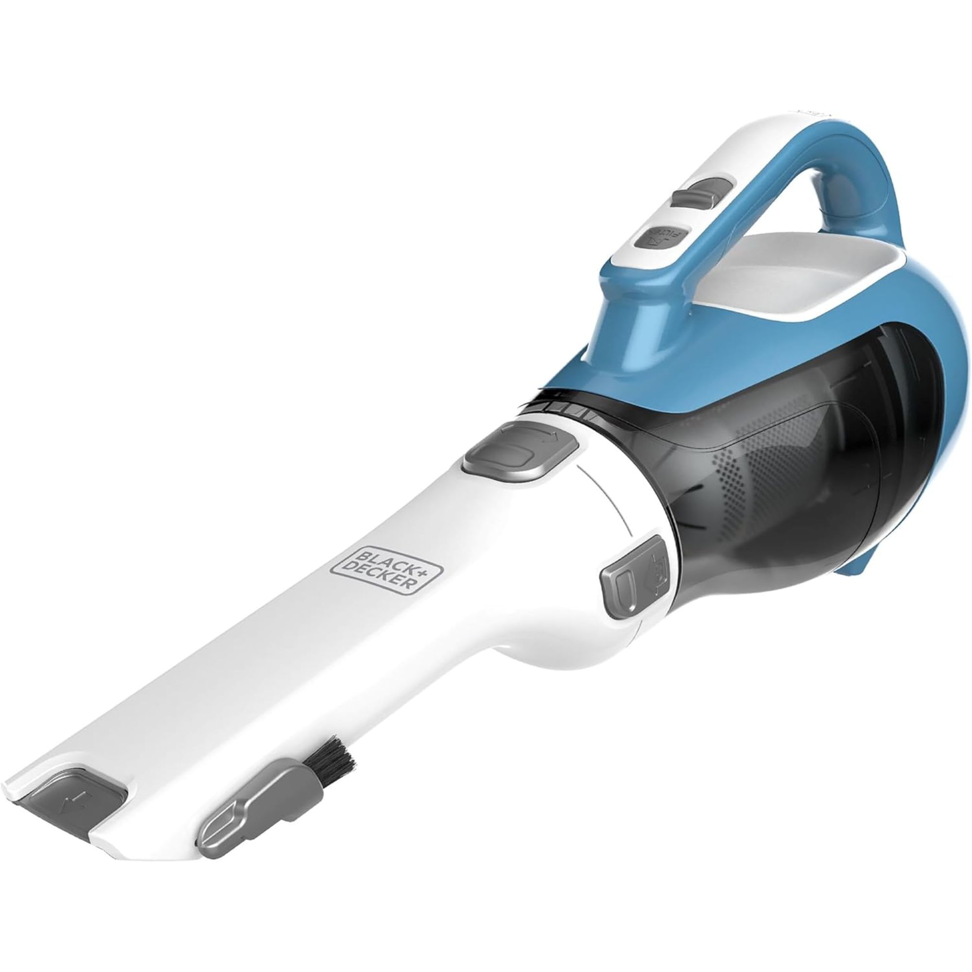 A black and white handheld vacuum cleaner with blue handle.