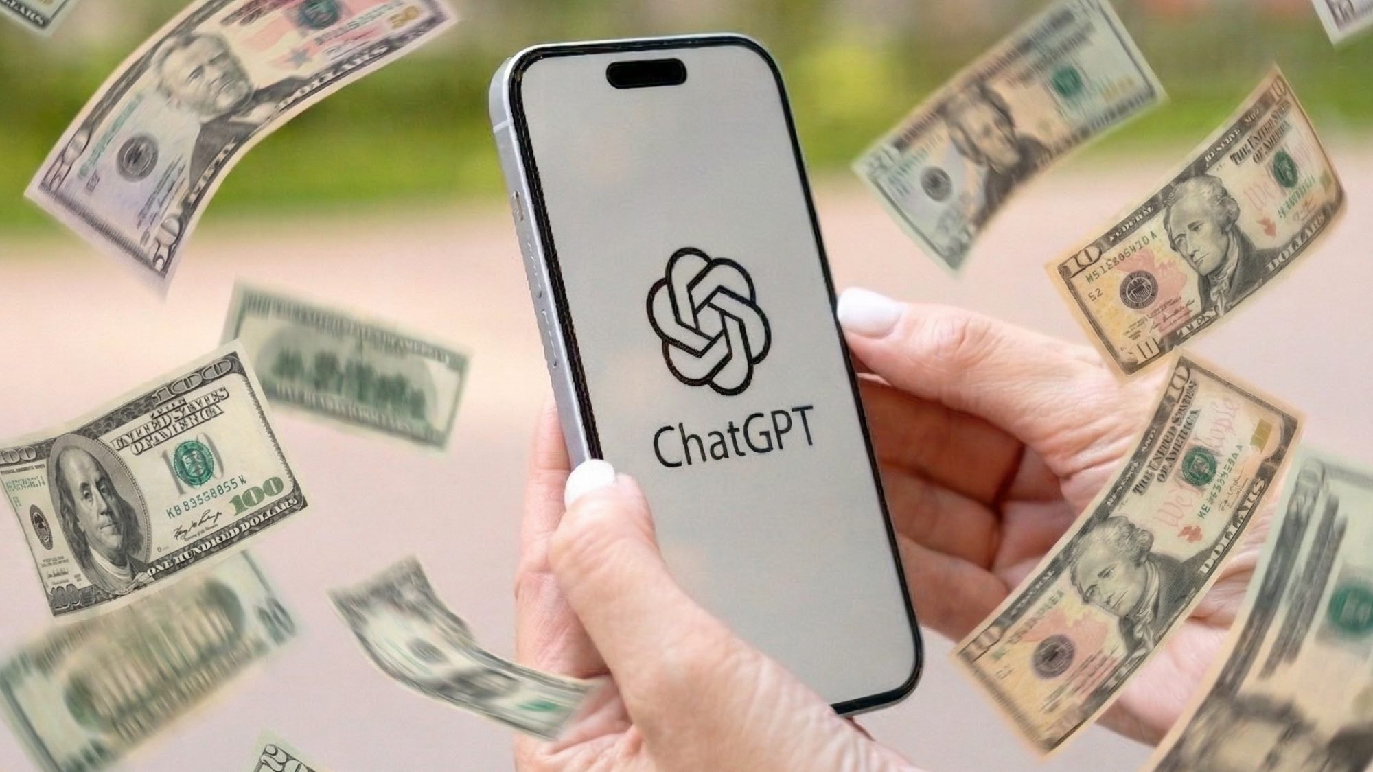 ChatGPT on phone surrounded by money