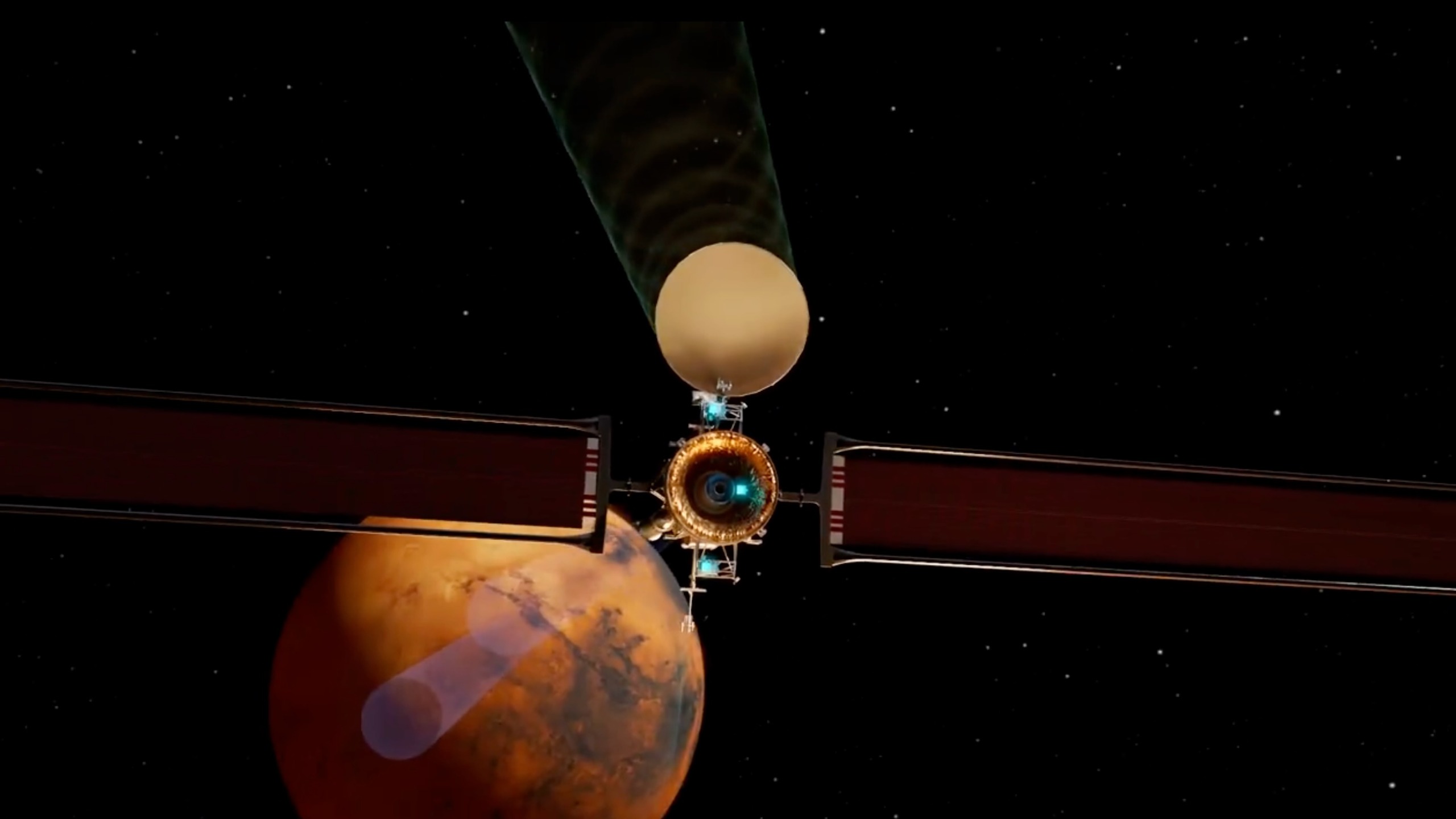 Still from a Blue Origin animation showing its Mars Telecommunications Network orbiter at the Red Planet.