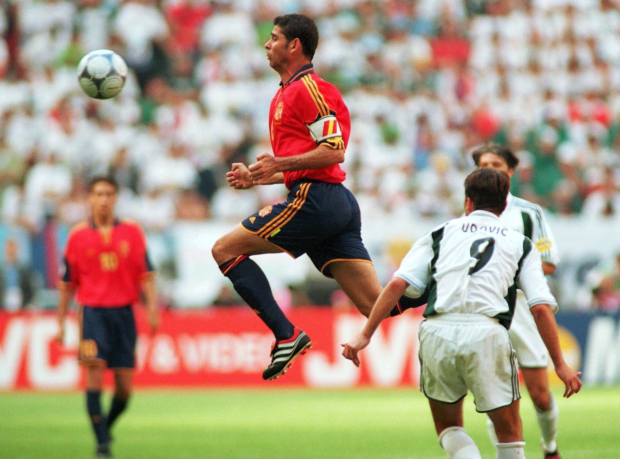 Fernando Hierro in action for Spain against Slovenia at Euro 2000.