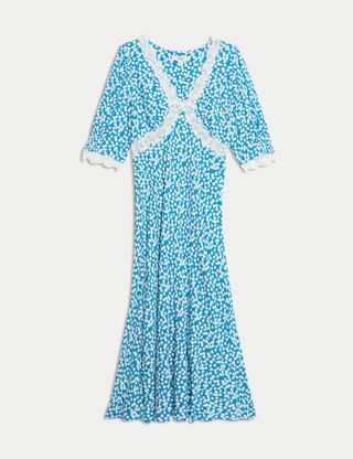 Printed V-Neck Lace Insert Midaxi Tea Dress