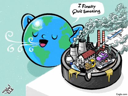 Editorial Cartoon U.S. coronavirus environmental consequence carbon fuels down Earth