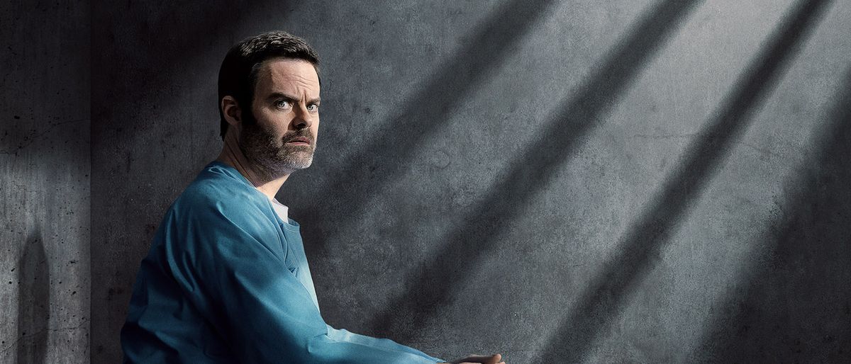 Bill Hader, as Barry, dressed in a blue jumpsuit, in a prison cell in key art for Barry season 4