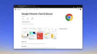An image of the Google Chrome page on the Google Play Store, set against a blue and yellow gradient background