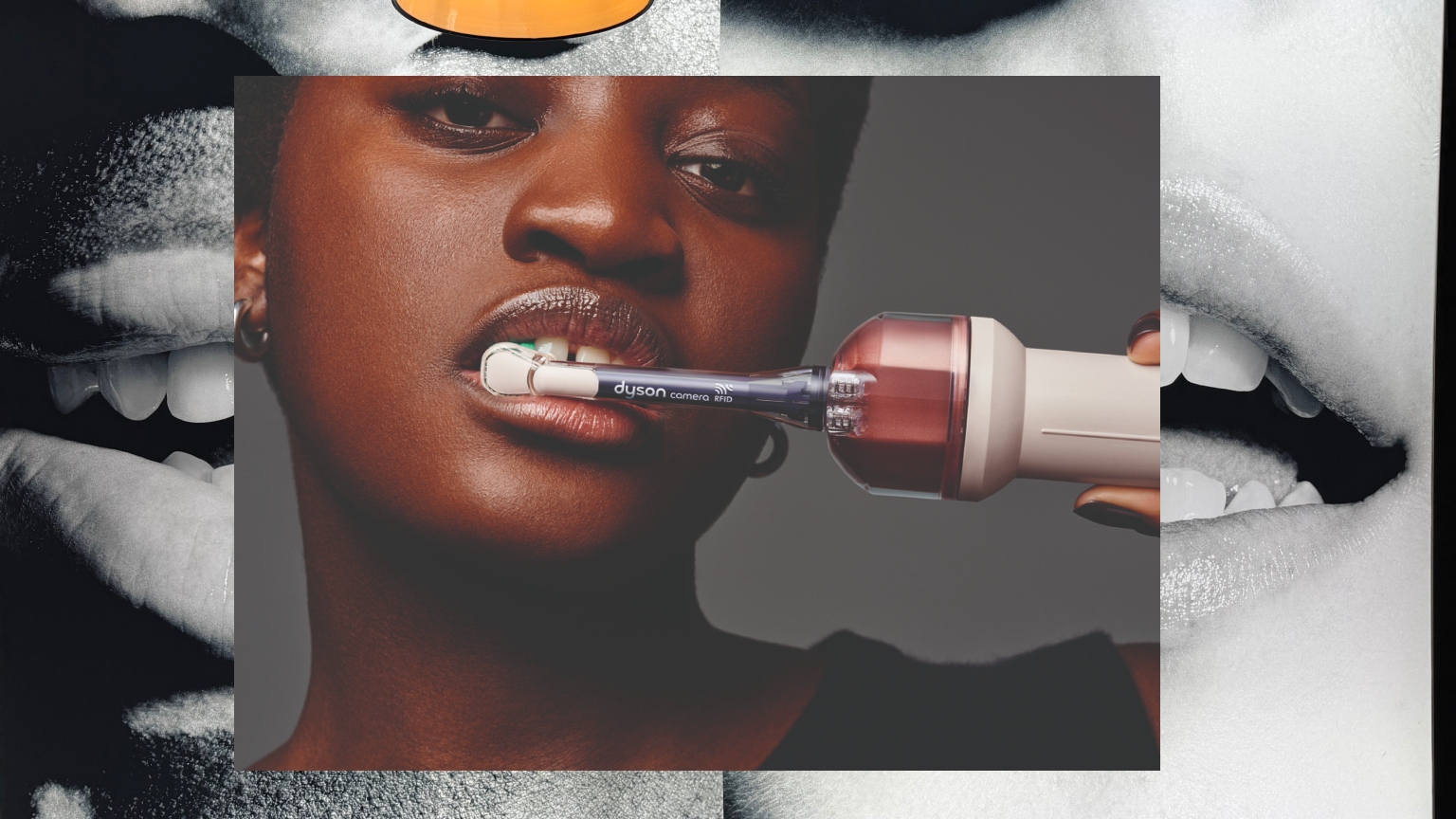 a black woman brushing her teeth with a pink Dyson Camera Jet over a black and white photo of two people's open mouths