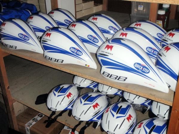 All of the team's time trial helmets are kept together.