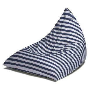 A white and blue striped bean bag