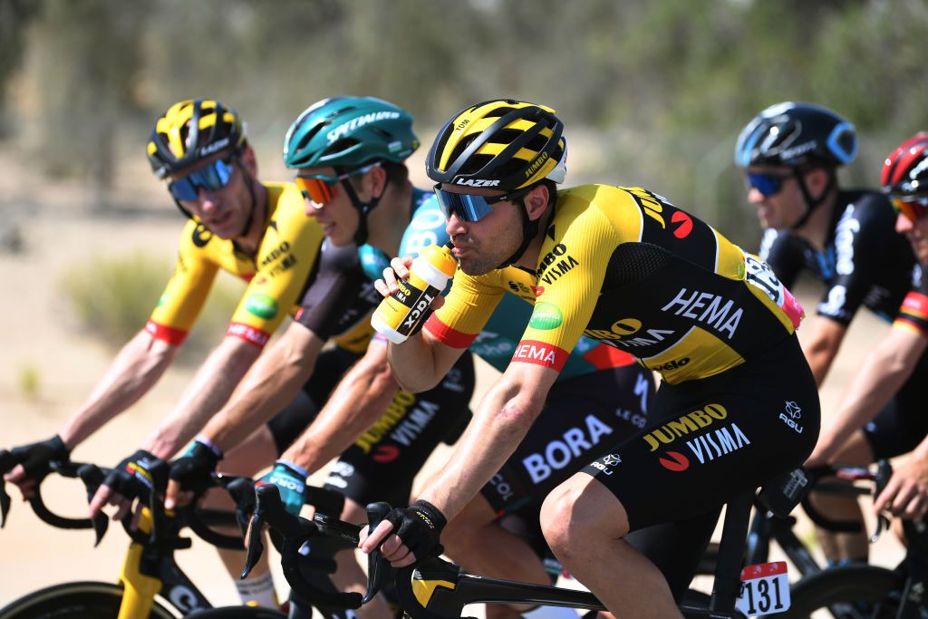 MADINAT ZAYED UNITED ARAB EMIRATES FEBRUARY 20 Tom Dumoulin of Netherlands and Team Jumbo Visma rides whilst driking during the 4th UAE Tour 2022 Stage 1 a 184km stage from Madinat Zayed to Madinat Zayed UAETour WorldTour on February 20 2022 in Madinat Zayed United Arab Emirates Photo by Tim de WaeleGetty Images