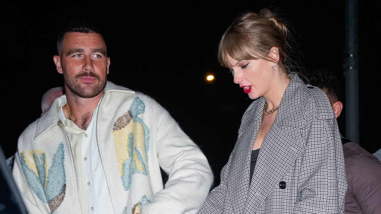 Travis Kelce and Taylor Swift arriving at a Saturday Night Live after party in New York City in October 2023.