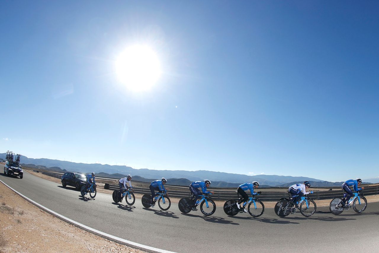 The Movistar riders work on their time trialing