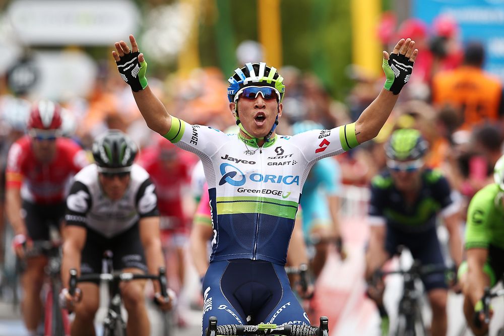 Caleb Ewan celebrates his stage 1 win at the Tour Down Under