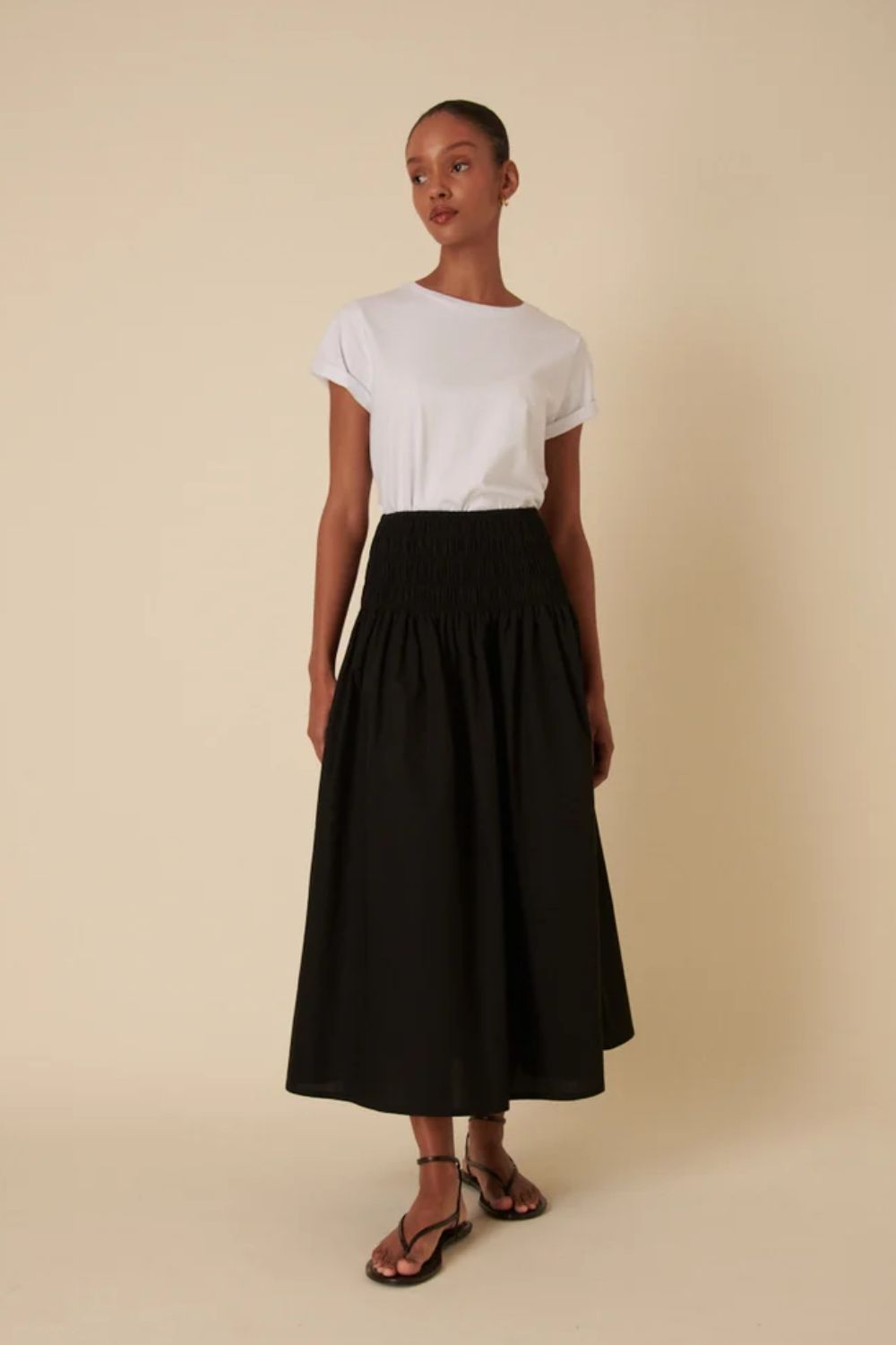 Nobody's Child, Drop Waist Shirred Midi Skirt