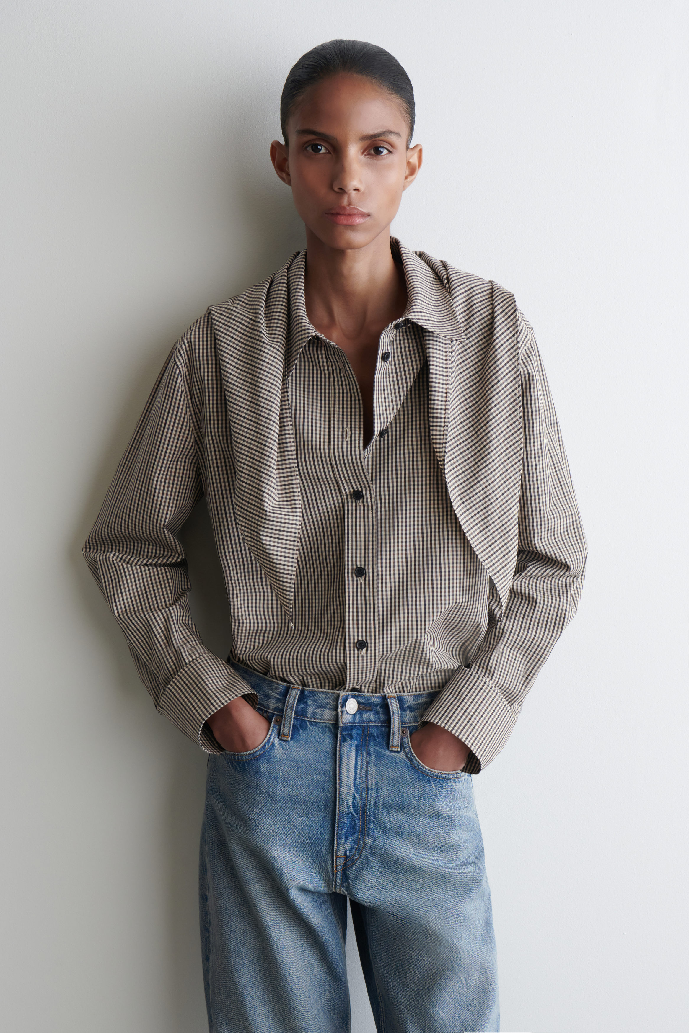 Checked Scarf-Detail Shirt