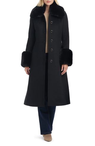 Wool Blend Coat With Removable Faux Fur Collar and Cuffs