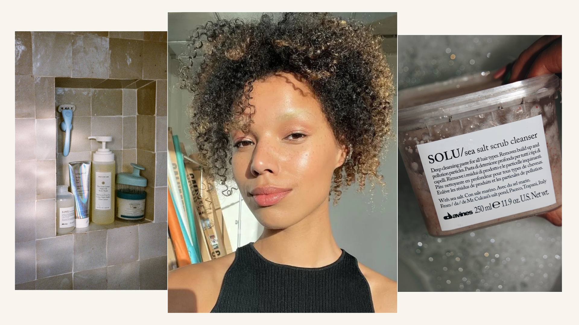 A collage with a selfie of @fiahamelijnck and photos of the best scalp scrubs