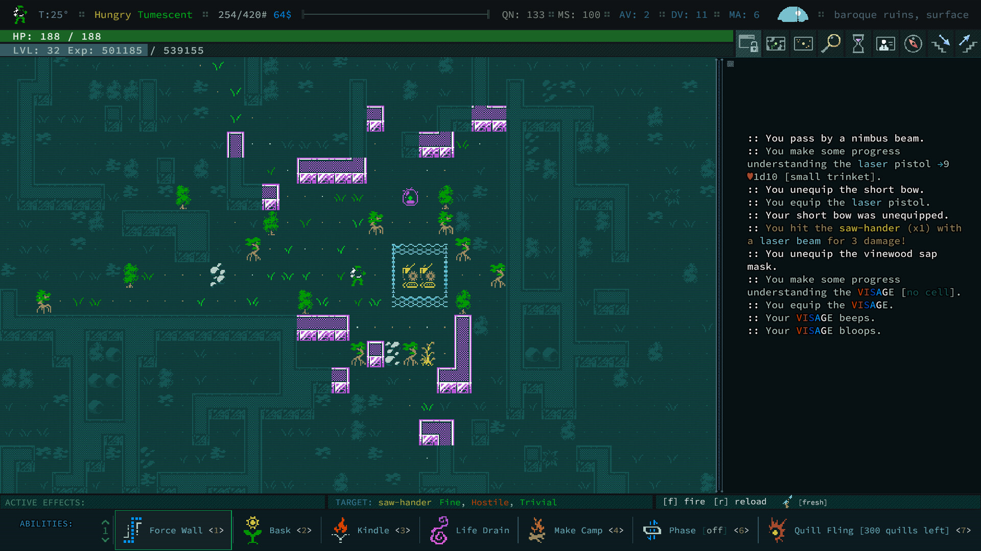 An overview of the complicated menu in the CRPG, Caves of Qud