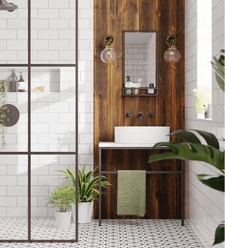 white tiled bathroom with wood cladding and walk in shower