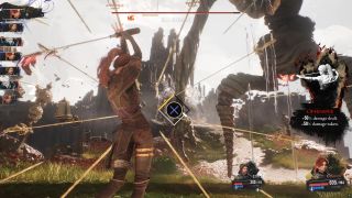 Maelle attacks an enemy so large that you can only see its legs in Clair Obscur: Expedition 33