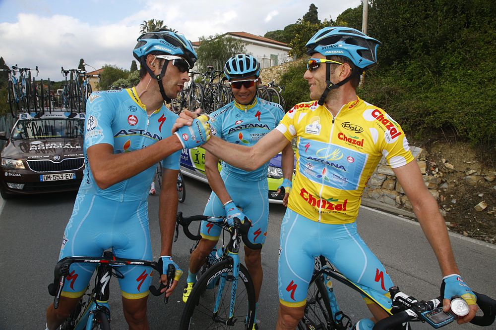 Andriy Grivko celebrates his overall victory with his Astana teammates