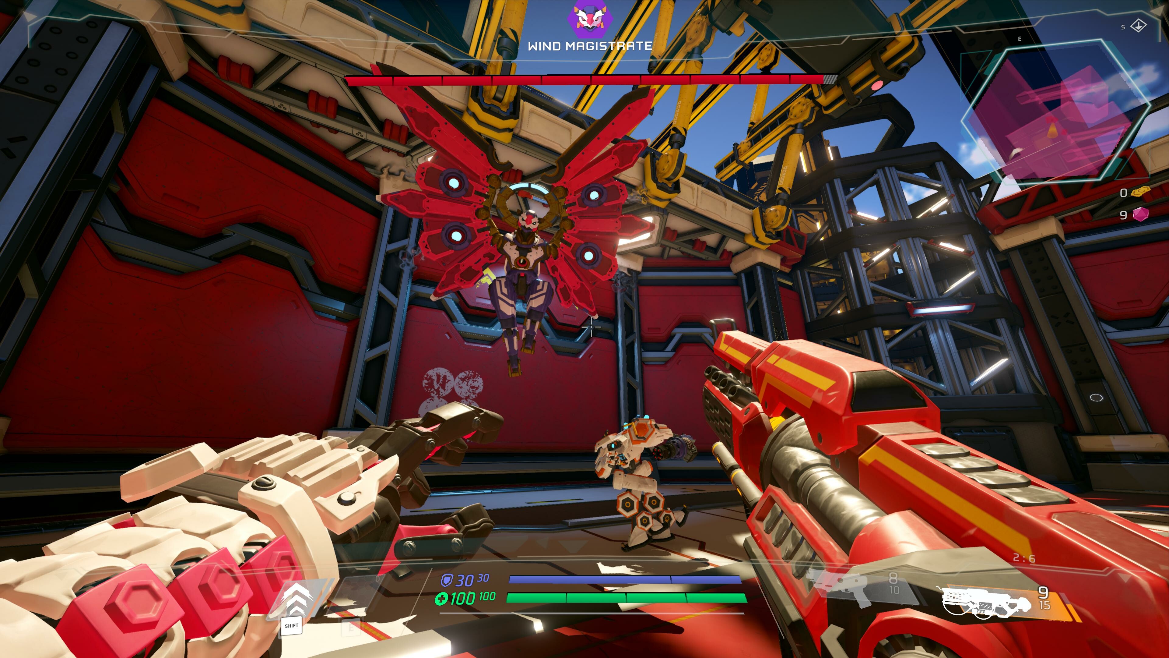 A Wind Magistrate locks onto the player who is in a first-person view. A lego-like armour adorns their left arm, while their right arm is a red gun.