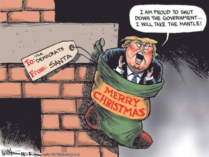 Political cartoon U.S. Trump Christmas stocking to Democrats from Santa proud government shutdown border wall