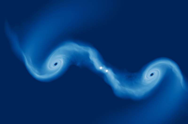 Two light blue swirls meet againts a dark blue background.