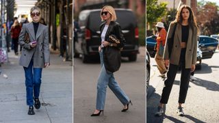 Three women wearing straight leg jeans to show how to style straight leg jeans with a blazer